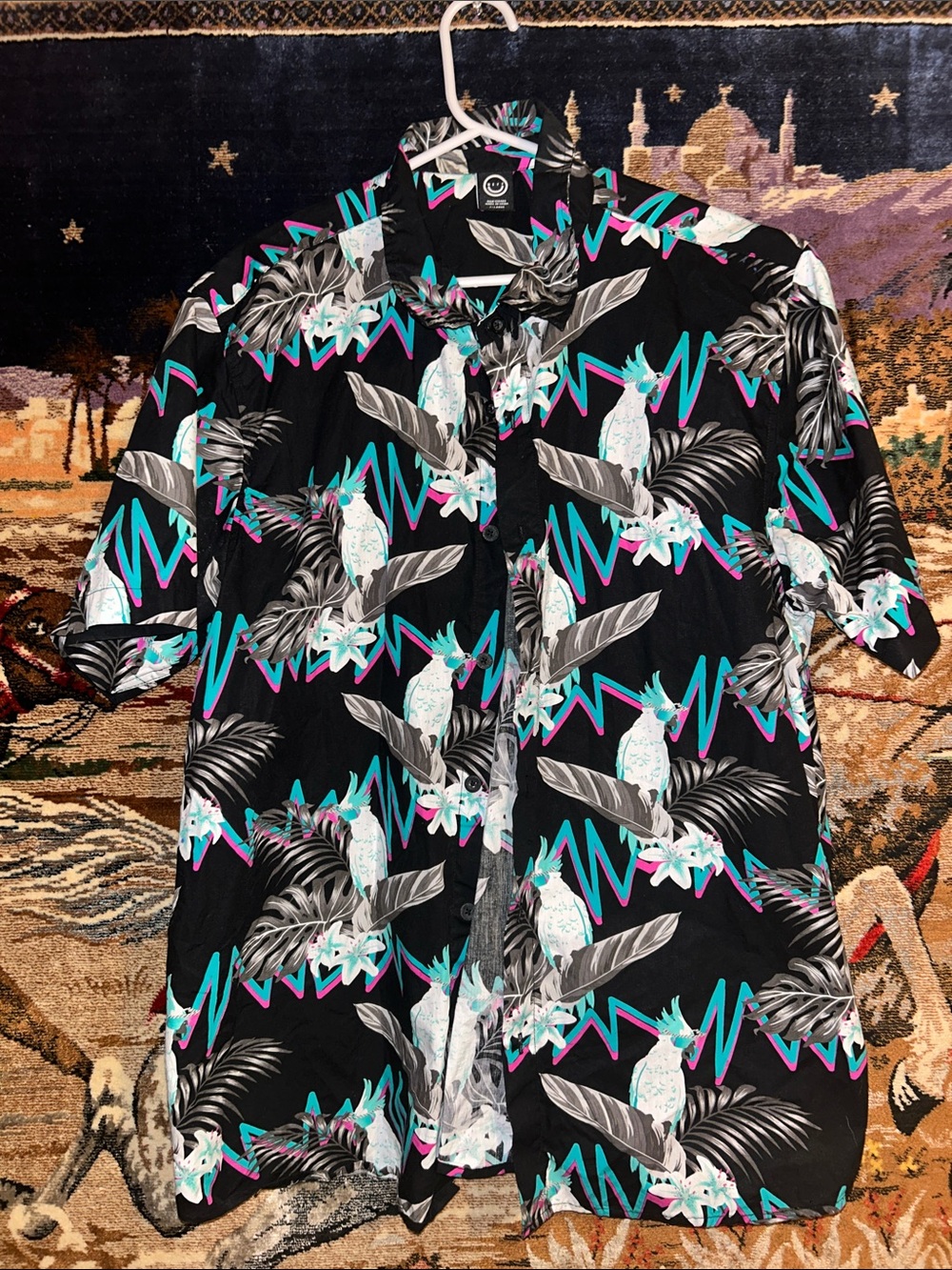 Men's Black Tropical Print Short-Sleeve Shirt by